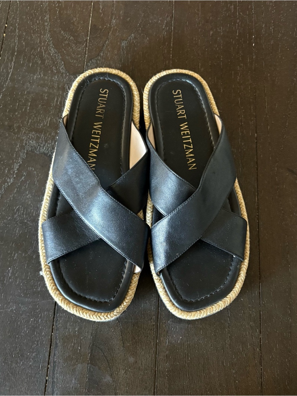 Stuart Weitzman Roza Lift Slide Sandals Jute Neutral Leather Size 9M‎